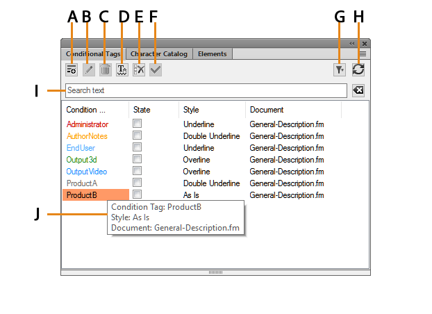 Conditional Tags panel in FrameMaker