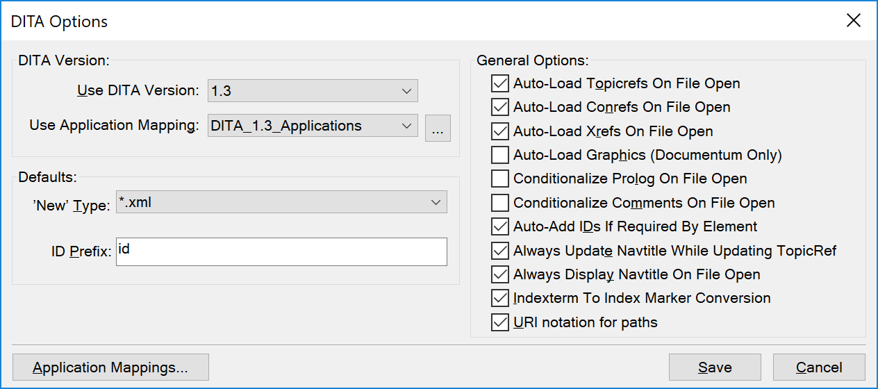 Configuring options in the DITA Options dialog in FrameMaker