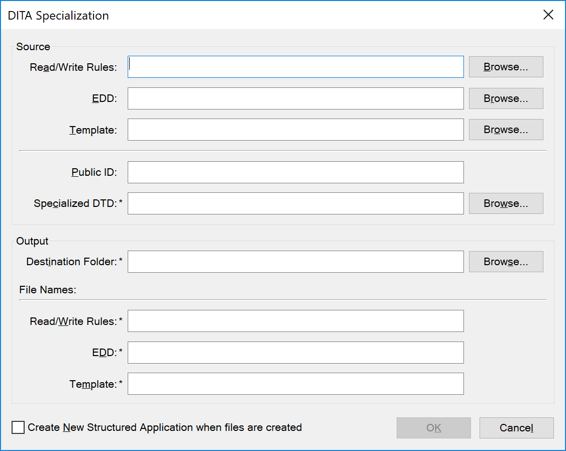 Using DITA Specialization dialog for automatic conversion of base files to specialized files