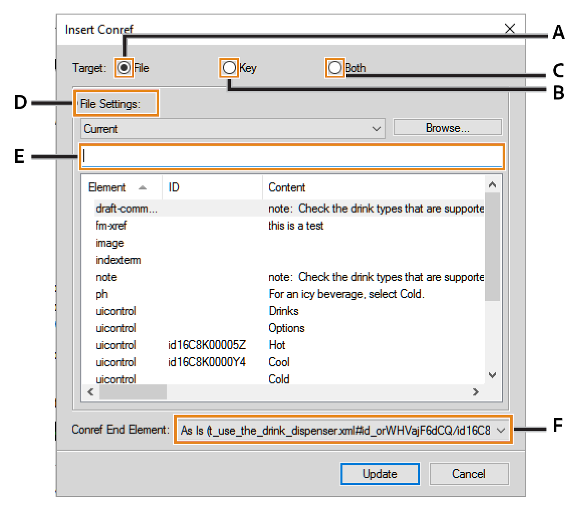 Using the DITA Conref dialog to add direct and indirect conrefs to DITA content