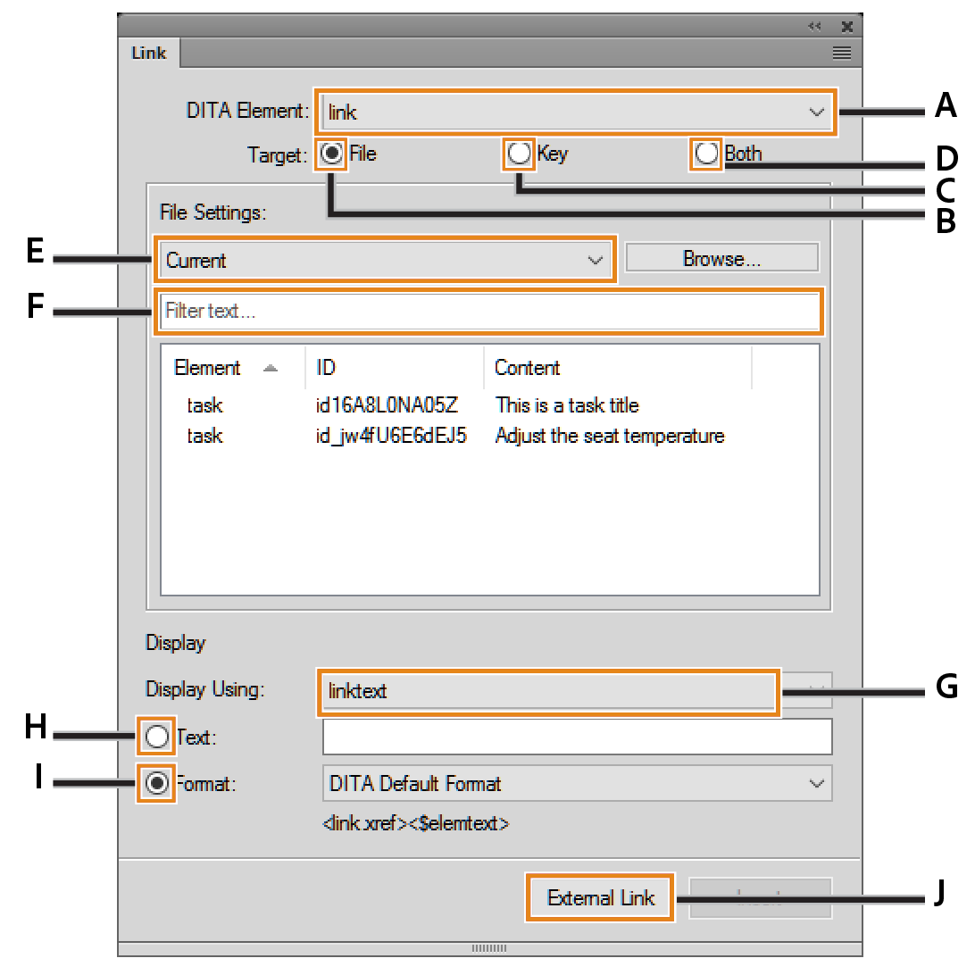 Using the DITA Link dialog to insert direct and indirect link to DITA content