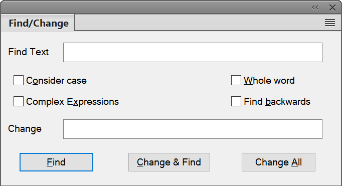 Find/Change dialog in XML View including the Complex Expressions option