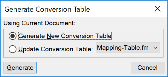 Generate Conversion Table dialog