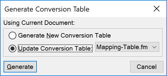 Generate Conversion Tabledialog