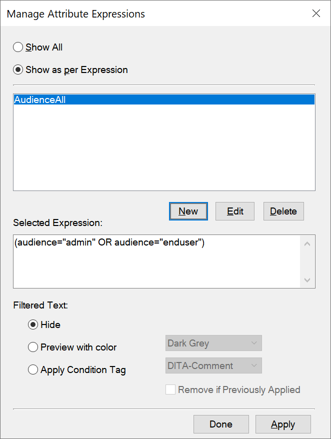 Manage AttributeExpressions dialog in Adobe FrameMaker