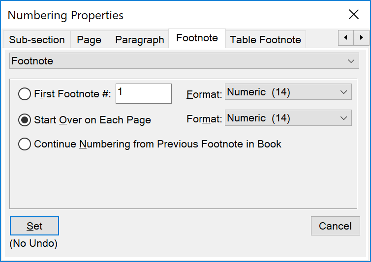 Numbering Properties dialog in Adobe FrameMaker