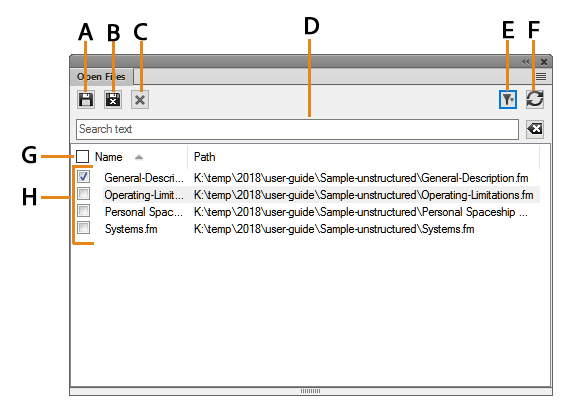 Open Files panel in FrameMaker