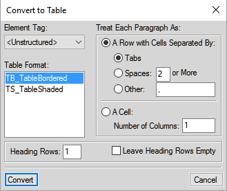 Converting the imported text to a table using Convert to Table dialog
