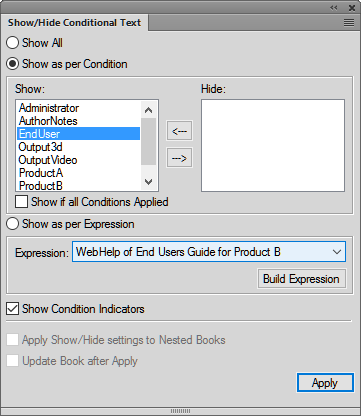 Show/Hide Conditional Text dialog in FrameMaker