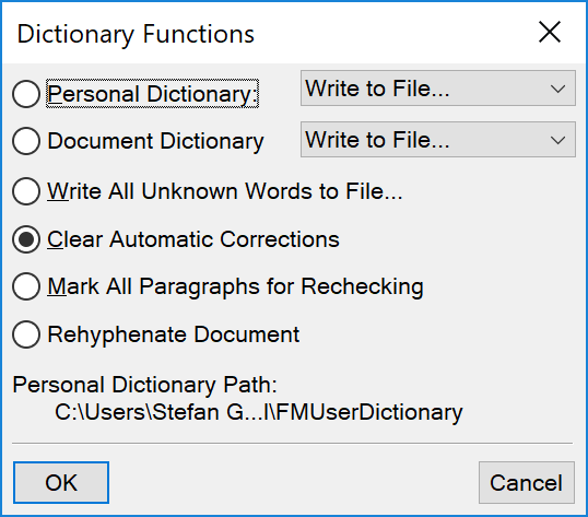 DictionaryFunctions dialog in FrameMaker