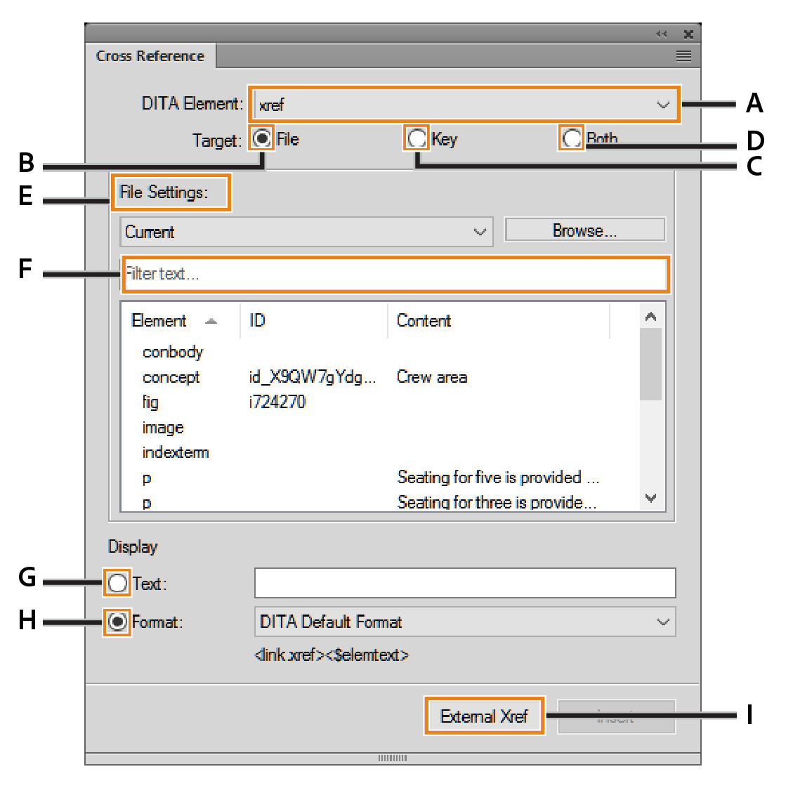 Using the DITA Cross-Reference dialog to add direct and indirect cross-references to DITA content