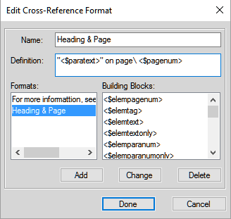 Edit Cross-Reference Format dialog in FrameMaker
