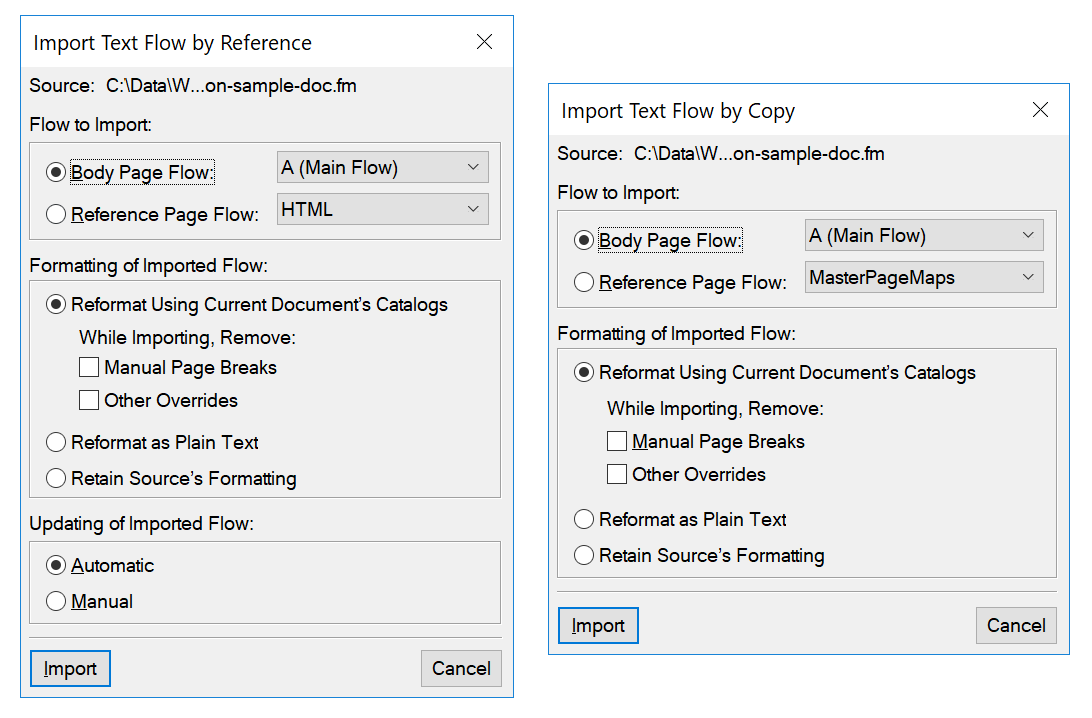 Import Text Flow by Reference and Import Text Flow by Copy dialogs