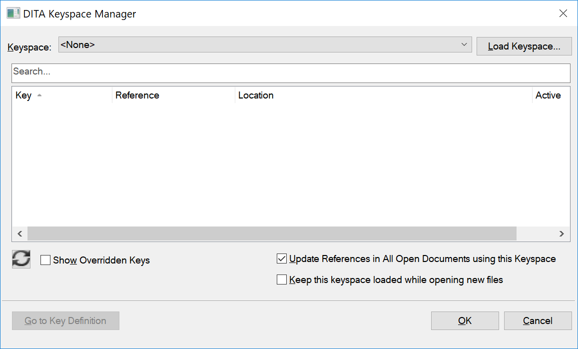 Manage key spacesusingtheDITA Keyspace Manager dialog