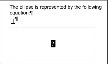 New equation object appearing as a question mark in a frame anchored below the empty paragraph