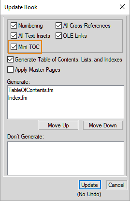 Updating mini TOC from theUpdateBook dialog in FrameMaker