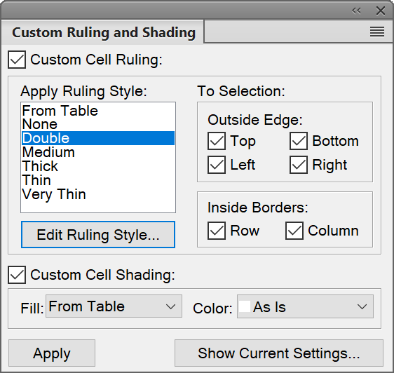 Custom Ruling and Shading panel in Adobe FrameMaker