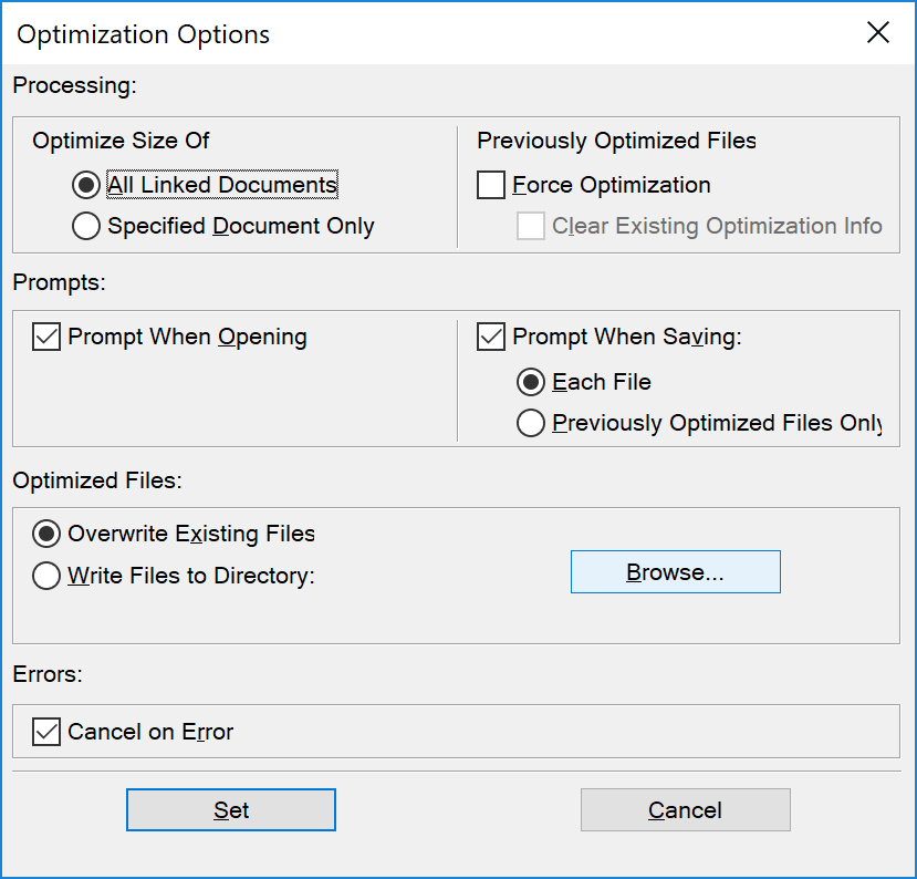 Optimization Options dialog in FrameMaker