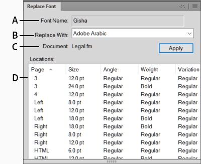 Replace a font using the Replace Font panel