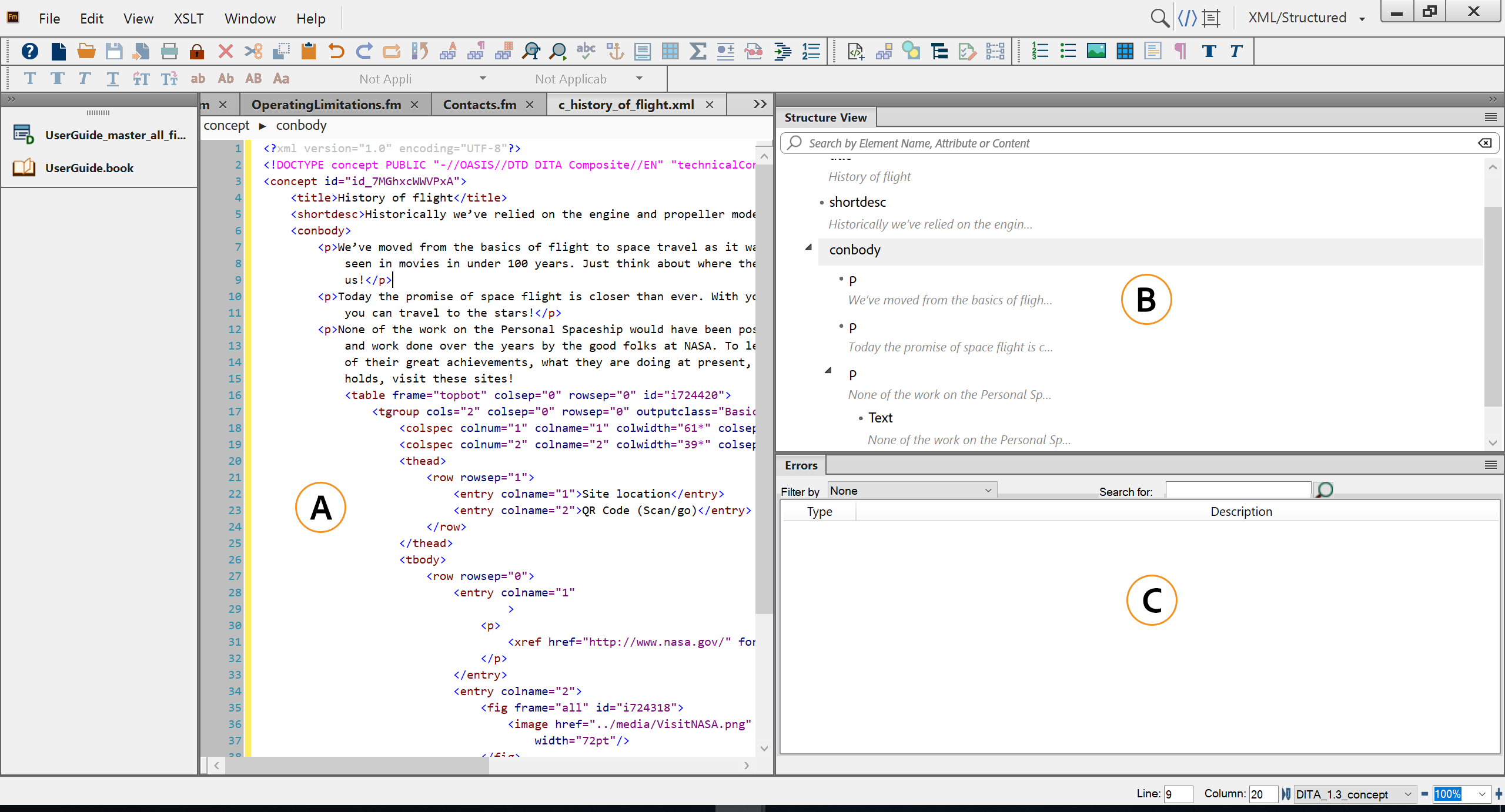 XML View in Structured FrameMakerauthoringinterface