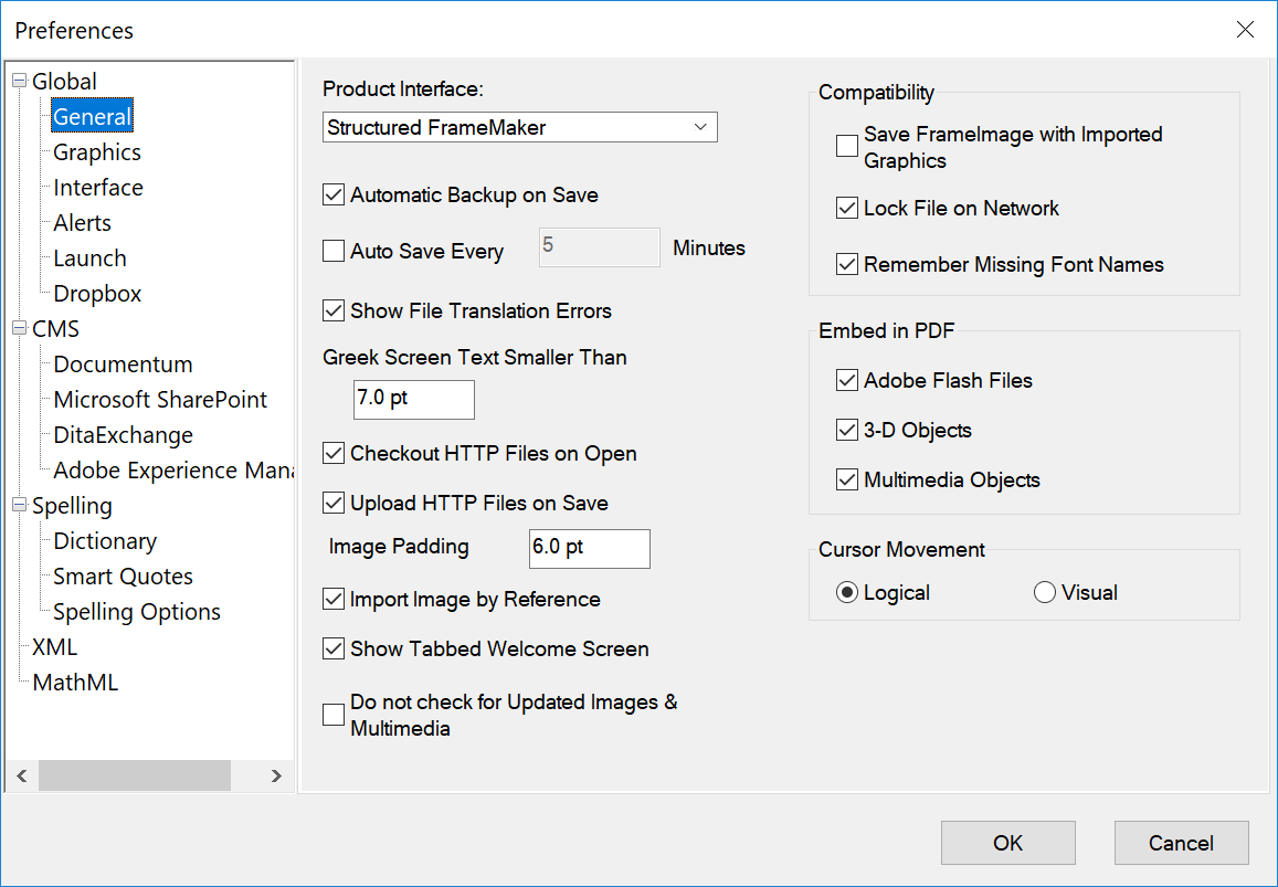 FrameMaker Preferences dialog