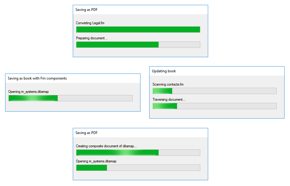 FrameMaker(2019 release) nowcomes with detailedreal-timeprogressbars.