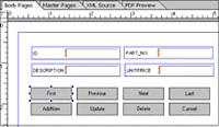 Form design with button fields to move to the first, previous, next, and last records, add new records, update existing records, and delete records.