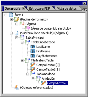 La paleta Jerarquía muestra la celda original en la que se ha creado el subformulario anidado.