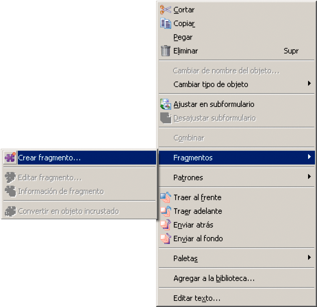 Gráfico en el que se muestra el comando Crear fragmento.