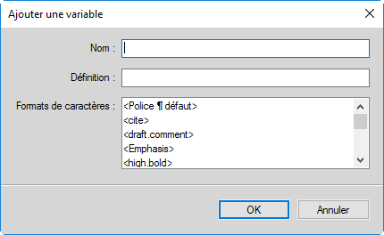 Boîte de dialogue Ajouter une variable dans FrameMaker