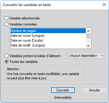 Boîte de dialogue Convertir les variables en texte dans FrameMaker