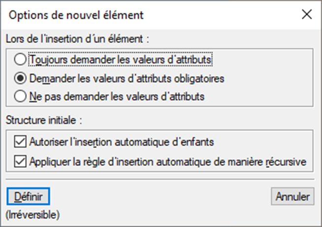 Boîte de dialogue Options de nouvel élément