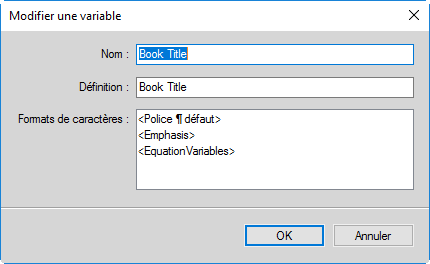 Boîte de dialogue Modifier une variable dans FrameMaker