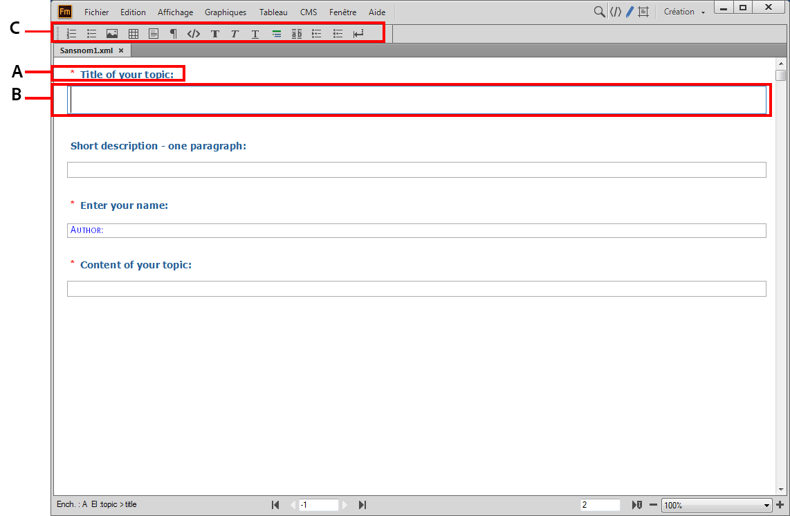 Rubrique DITA 1.3 dans la vue XML simplifiée de FrameMaker