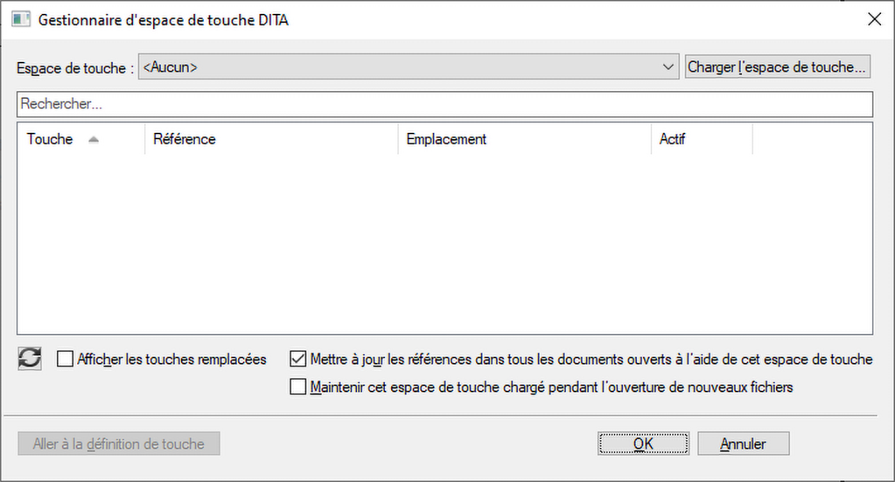 Gestion des espaces de touche à l’aide de la boîte de dialogue Gestionnaire d’espace de touche DITA