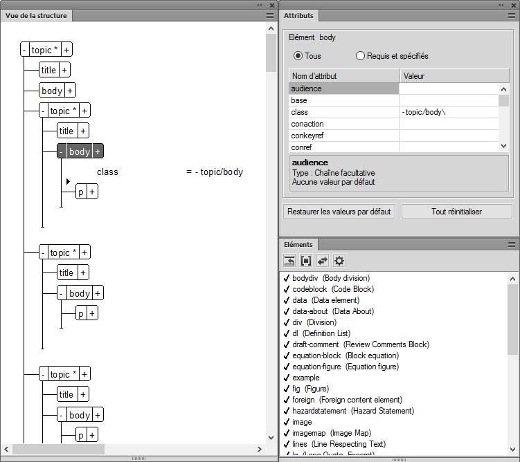 Conteneurs StructureView, Eléments et Attributs dans l’interface de création FrameMaker structuré.