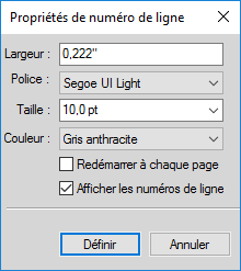 Boîte de dialogue Propriétés de numéro de ligne dans FrameMaker