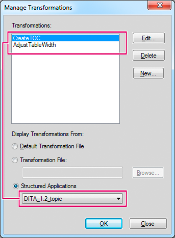 Transformation spécifique à l’application dans la boîte de dialogue Gérer les transformations