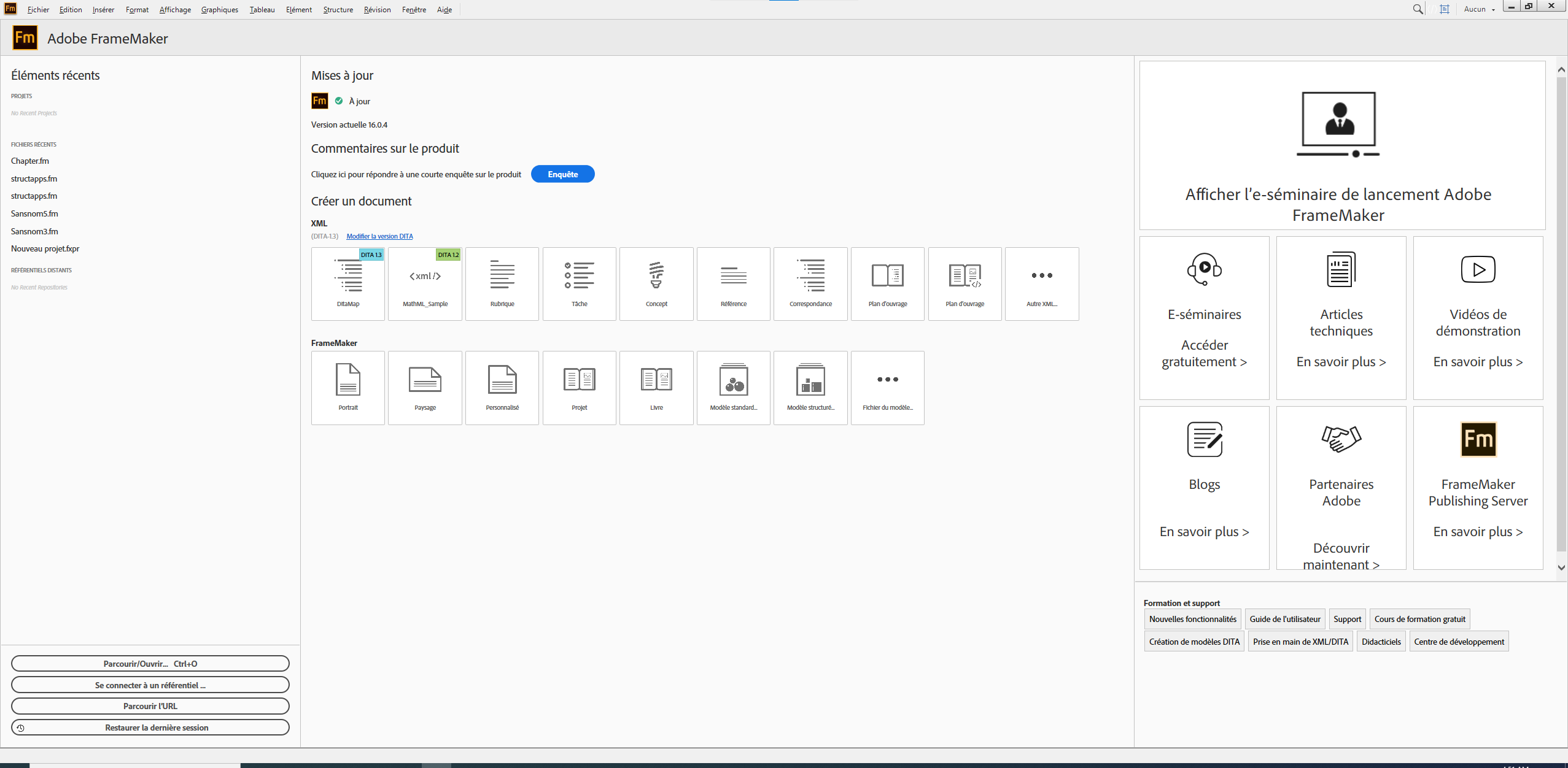 Écran d’accueil du mode de création structuré FrameMaker