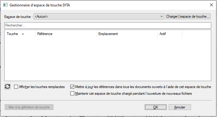 Boîte de dialogue Gérer l’espace de touche à l’aide du Gestionnaire d’espace de touche DITA