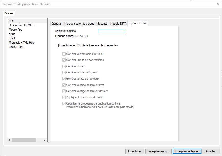 Onglet Options DITA de la boîte de dialogue Options de sortie PDF