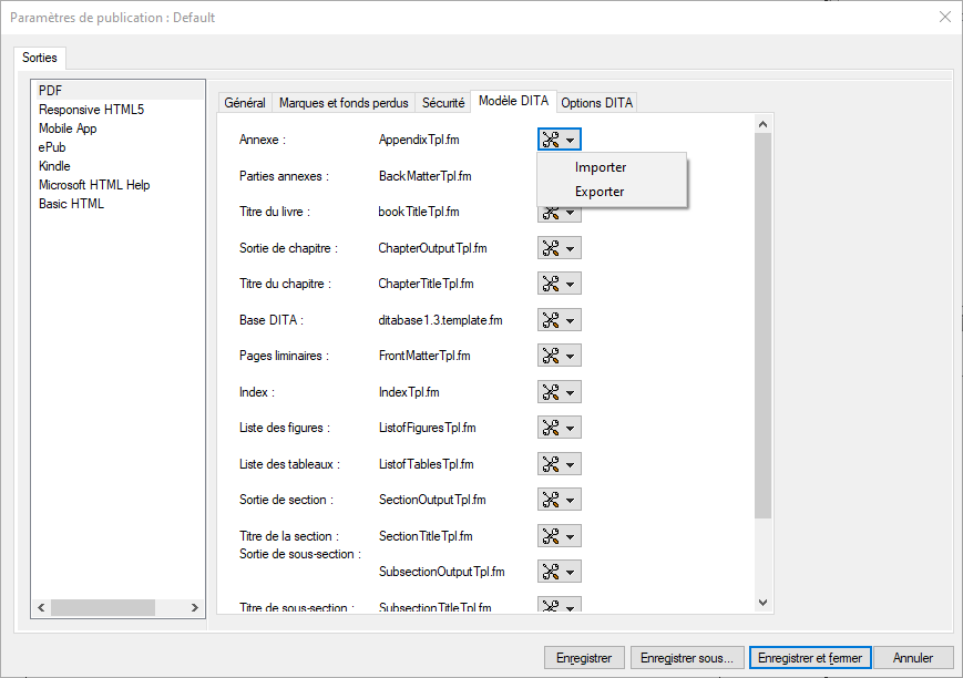 Onglet Modèle DITA de la boîte de dialogue Options de sortie PDF d'Adobe FrameMaker