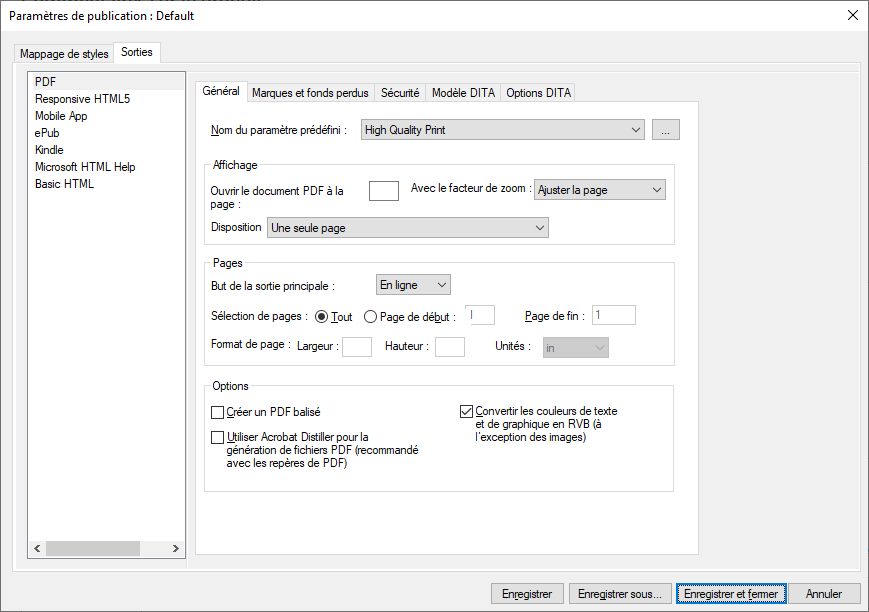 Mise à jour des paramètres généraux dans la boîte de dialogue Configuration PDF