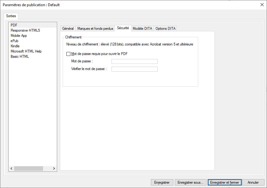 Onglet Sécurité dans la boîte de dialogue Options de sortie PDF