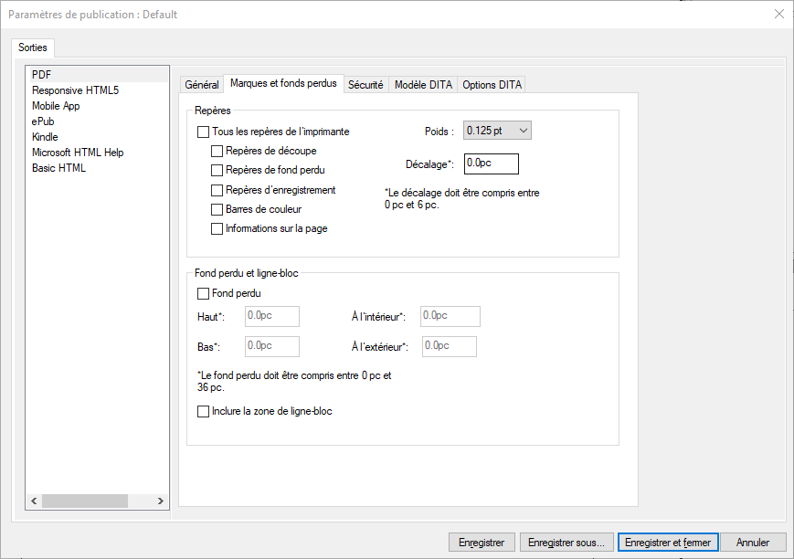 Onglet Repères et fond perdu de la boîte de dialogue Options de sortie PDF
