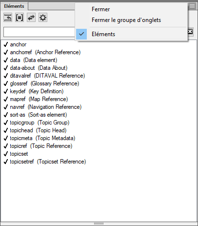 Fermeture des panneaux et du groupe d’onglets dans FrameMaker