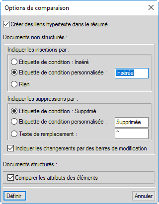Boîte de dialogue Options de comparaison dans Adobe FrameMaker