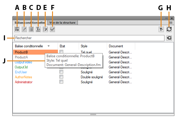Panneau Balises conditionnelles dans FrameMaker