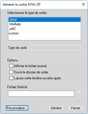 Boîte de dialogue Générer la sortie DITA-OT dans FrameMaker