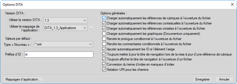 Configuration des options dans la boîte de dialogue Options DITA de FrameMaker